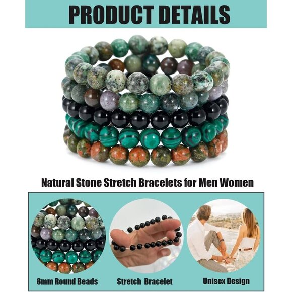 5PCS Semi-Precious Gemstone Bracelet - Healing Crystal Stone Beaded - Picture 2 of 6